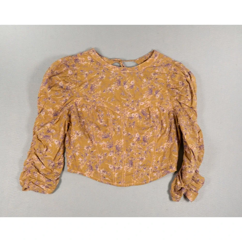 Free People Floral Puff Sleeve Corset Style Crop Top Yellow Purple Size S